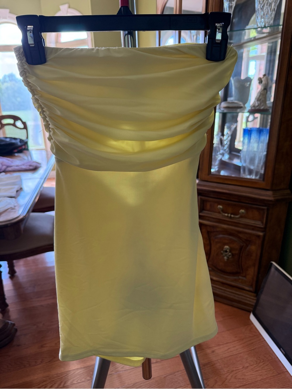 Lucy in the Sky Strapless Lemon Yellow Ruched Mini Dress, perfect for Homecoming